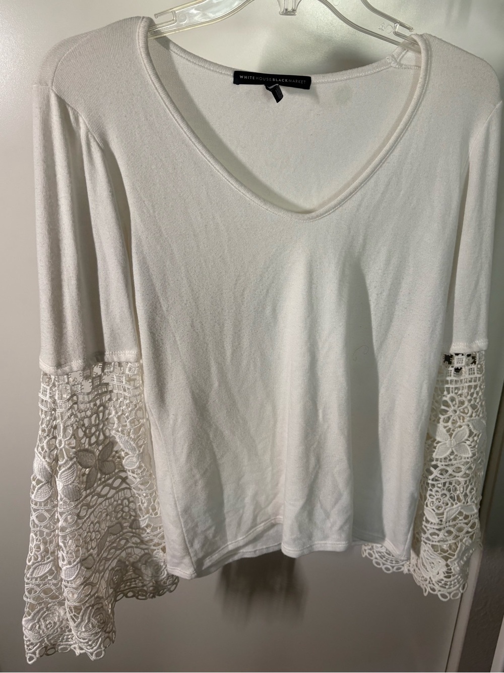 WHBM Coastal White Crochet Bell Sleeve Top